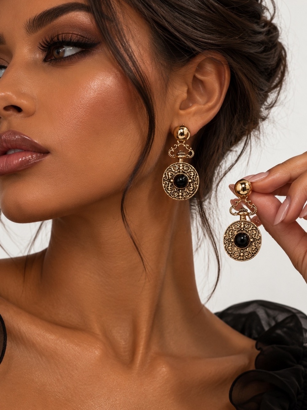 Gold Filigree Drop Earrings with Black Center